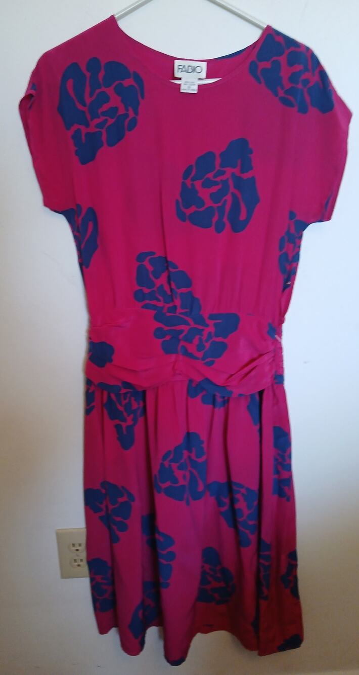VTG 1980s FABIO 12 Silk Dress Summer Deep Pink Blue Flowers Midi Ruched Waist M
